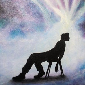 Glow in the dark painting of a man with cosmic energy bursting from his head, psychedelic galaxy wall art
