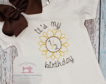 Embroidered Half Birthday Onesie Sunflower, Bodysuit, Gown, Long or Short Sleeve Gift Baby Girl Shower Christmas Spring Summer Baby Outfit