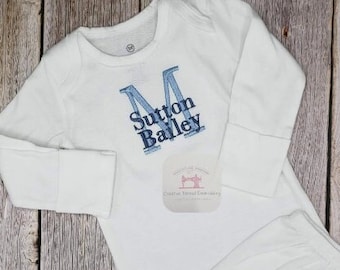Embroidered Monogram Name Tee Shirt, Onesie, Zipper Gown Personalized Baby Gift Christmas Birthday Baby Shower Little Boy Sketch Design