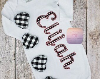 Embroidered Applique Name Gown Personalized Long Sleeve Boy or Girl Pink Blue White Ruffle Sleeves Baby Shower Gift Customized Newborn Gift