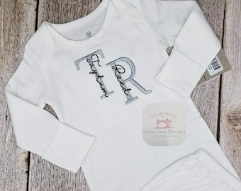 Embroidered Monogram Name Tee Shirt, Onesie, Zipper Gown Personalized Baby Gift Christmas Birthday Baby Shower Little Boy Sketch Design