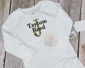 Embroidered Monogram Name Tee Shirt, Onesie, Zipper Gown Personalized Baby Gift Christmas Birthday Baby Shower Little Boy Sketch Design