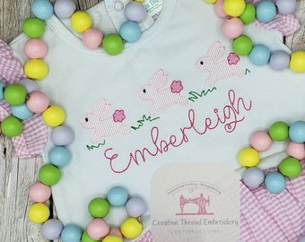 Embroidered Baby Girls Pink Outfit Bubble Pink Seersucker Romper Baby Bunny  Monogrammed Personalized Spring Summer Gift Baby Shower