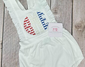 Embroidered Fourth of July Baby Girl Outfit White Monogrammed Bubble Romper Personalized Spring Summer Outfit Gift July Fourth Outfit