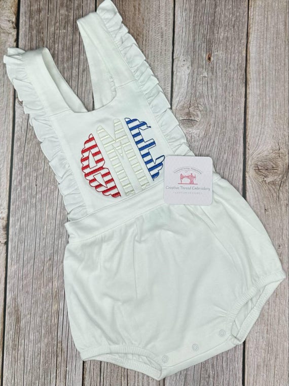 Embroidered Fourth of July Baby Girl Outfit White Monogrammed Bubble Romper Personalized Spring Summer Outfit Gift July Fourth Outfit