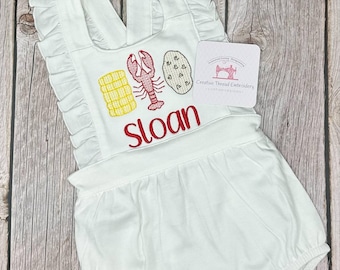 Embroidered Crawfish Boil Baby Girl Outfit White Pink Monogrammed Bubble Romper Personalized Spring Summer Outfit Gift Birthday Shower