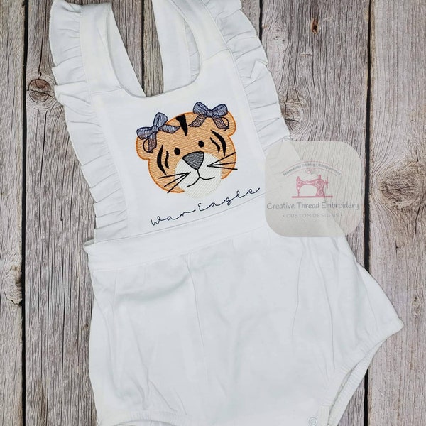 Embroidered Auburn Tiger Baby Girl Outfit White Pink Monogrammed Bubble Romper Personalized Spring Summer Outfit Gift Birthday Shower
