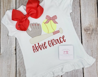 Embroidered Girl's Softball Romper Bubble Ruffle Baby Sister Onesie Long or Short Sleeve baseball softball Girl Gift Birthday Sports Spring