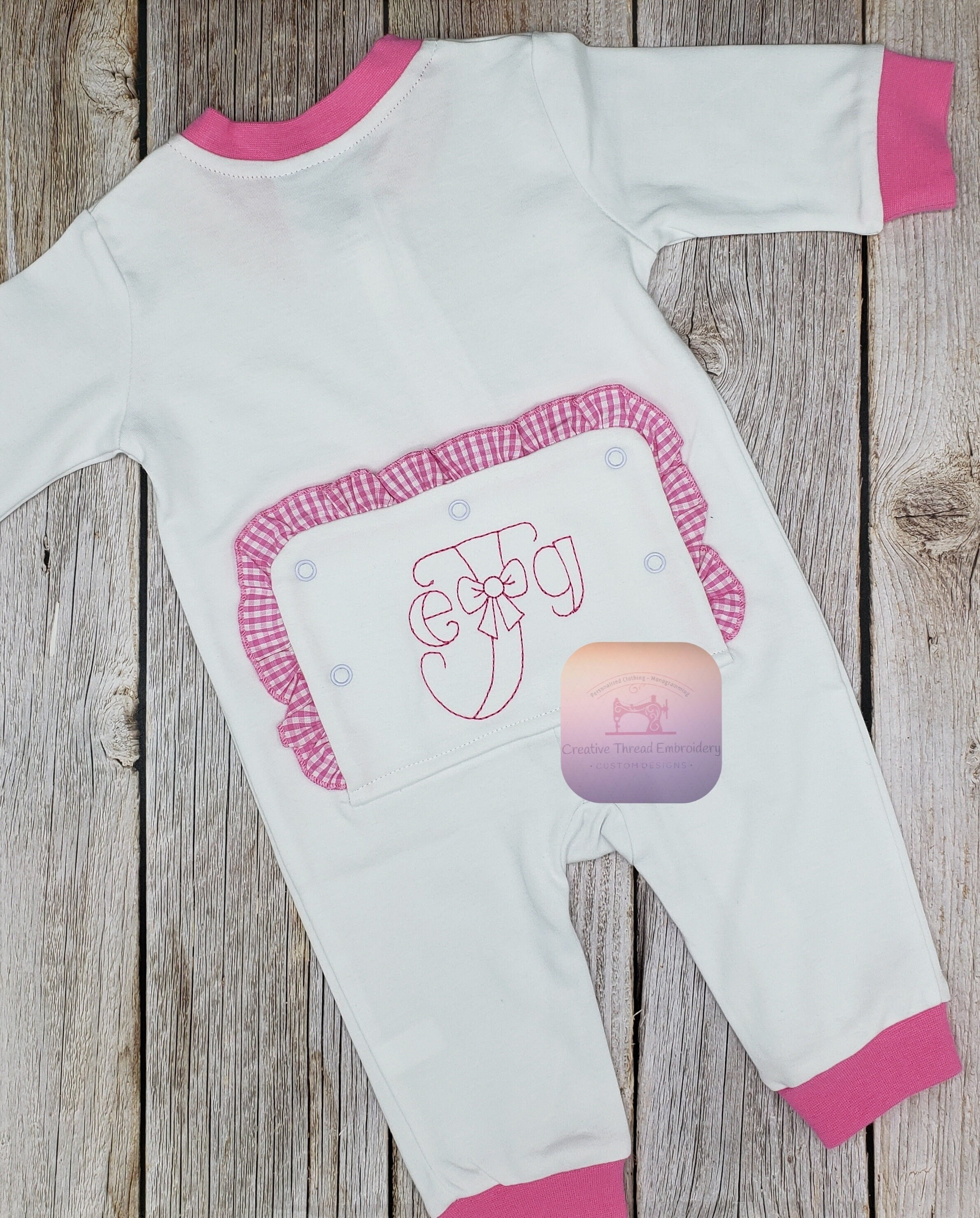 Embroidered White Pajamas Onesie Girls Pink Ruffle Long Sleeve Front Collar Back Buttflap Baby Shower Gift Christmas Birthday Personalized