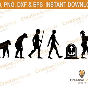 May include: Black and white silhouette illustration of the evolution of man, ending with a zombie. The illustration includes a tombstone with the text "R.I.P".