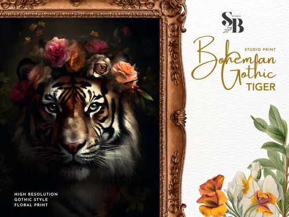 Bohemian Gothic Tiger Portrait With Crown of Flowers Moody Dark