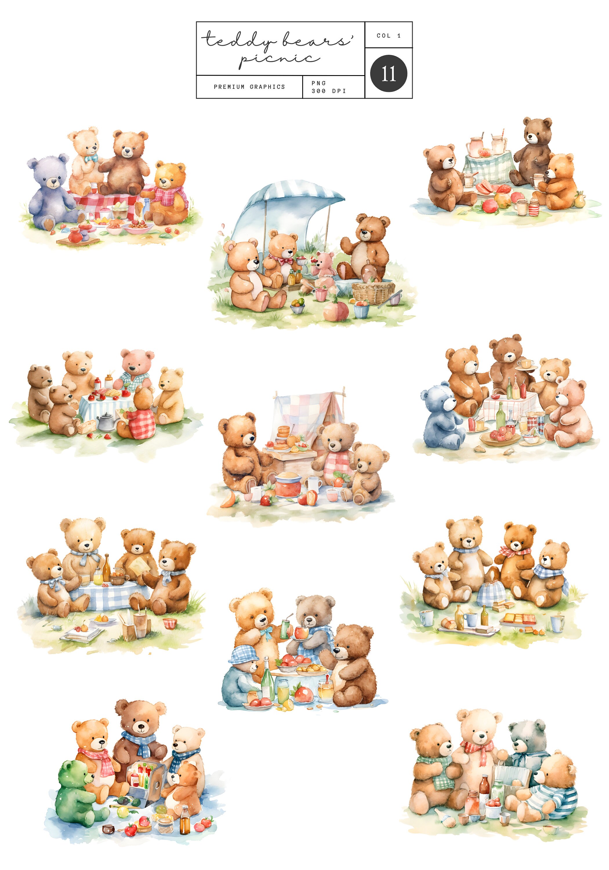 Teddy Bears Picnic Clipart - 11 High Quality Pngs - Digital Download ...