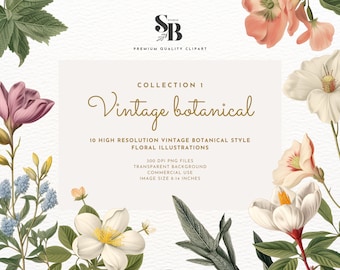 Illustrazioni floreali botaniche vintage premium - Set di 10 clipart di alta qualità per uso commerciale