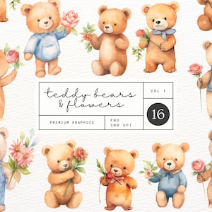 Schattige teddyberen met bloemen graphics set - 16 premium geïllustreerde illustraties, gevulde beren voor het maken van kaarten en digitale papieren, commercieel gebruik