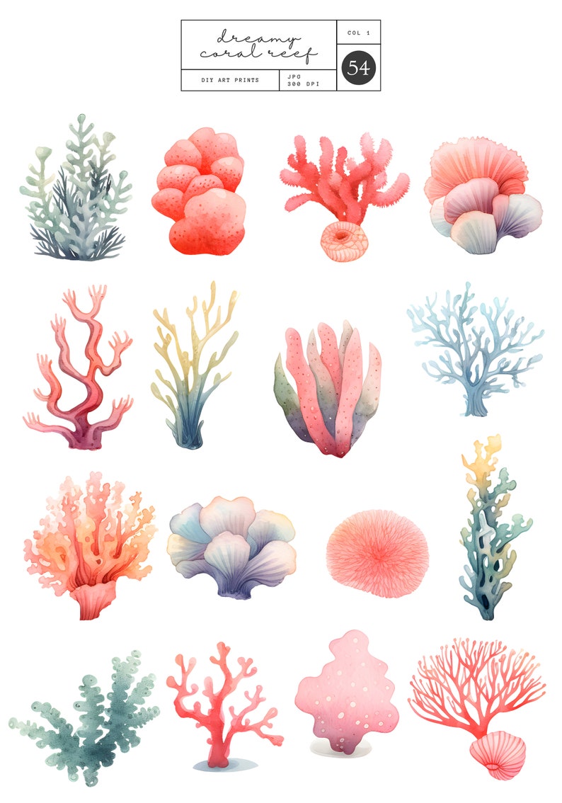 Dreamy Coral Reef Watercolour Graphics Set, 54 Premium High-res Pngs ...