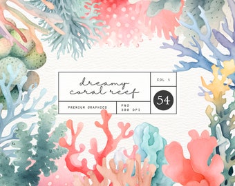 Dreamy Coral Reef Watercolour Graphics Set, 54 Premium High-Res PNGs, Underwater Ocean Theme, Coral and Seaweed Illustrations, Commercial
