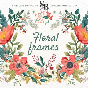 vintage Botanical Floral Wreath Frames Clipart Set, 8 PNG de haute qualité, 300 DPI, Utilisation personnelle et commerciale, Design élégant
