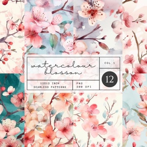 Aquarell Kirschblüten Fliesen, 12x12 nahtlose Muster, 12 hochwertige Kirschblüten Grafiken, Sakura Thema, persönliche und kommerzielle Nutzung