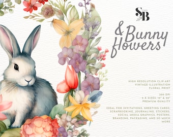 Vintage Bunny in Floral Wreath Graphics, High-Quality Cute Bunny Graphics, Personal & Commercial Use Clipart, Adorable Rabbit Illustration