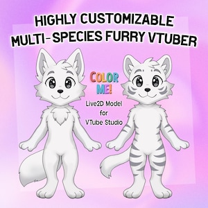May include: Two white cartoon furry characters, one a fox and the other a tiger, are featured in this image. Text reads "HIGHLY CUSTOMIZABLE MULTI-SPECIES FURRY VTUBER" and "COLOR ME!" with "Live2D Model for VTube Studio" below.
