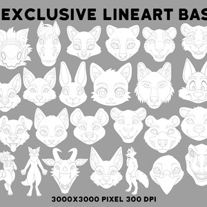 K&ouml;nnte beinhalten: Ein digitaler Download von 25 Line-Art-Basen zum Erstellen von Pelzcharakteren. Das Set enth&auml;lt 22 Kopfaufnahmen und 3 Ganzk&ouml;rperillustrationen. Die Basen sind 3000 x 3000 Pixel und 300 DPI.