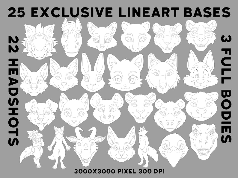 K&ouml;nnte beinhalten: Ein digitaler Download von 25 Line-Art-Basen zum Erstellen von Pelzcharakteren. Das Set enth&auml;lt 22 Kopfaufnahmen und 3 Ganzk&ouml;rperillustrationen. Die Basen sind 3000 x 3000 Pixel und 300 DPI.