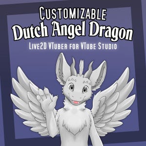 Peut inclure: Une illustration numérique d'un personnage de dragon ange hollandais gris avec de grandes oreilles, des cornes et des ailes emplumées. Le personnage fait un signe de la main. Le texte indique : CUSTOMIZABLE Dutch Angel Dragon LIVE2D VTUBER FOR VTUBE STUDIO.