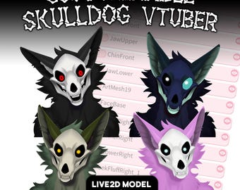 May include: Four different colored skull dog avatars with glowing eyes. The avatars are customizable and can be used for VTuber Studio. The text "CUSTOMIZABLE SKULLDOG VTUBER" is at the top of the image. The text "LIVE2D MODEL FOR VTUBE STUDIO" is at the bottom of the image.