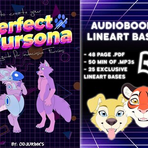 K&ouml;nnte beinhalten: Ein Buchcover mit einer lila, blauen und wei&szlig;en pelzigen Figur links und einer rosa pelzigen Figur rechts. Der Titel lautet "How to create your Perfect Fursona: A guide for indecisive furries". Die rechte Seite des Covers zeigt den Text "Audiobook & Lineart Bases" mit einem Lautsprechersymbol und einer Liste von Funktionen: "48 Seiten .pdf", "50 Minuten .mp3s" und "25 exklusive Lineart-Basen".