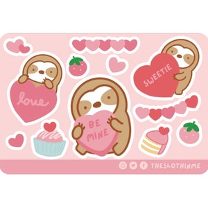 Cute Sweetheart Sloth Sticker Sheet | Kawaii Valentine Sticker Sheet for Boba Sloth Lover | Laptop Tumbler Sloth Decal for Sister Girlfriend