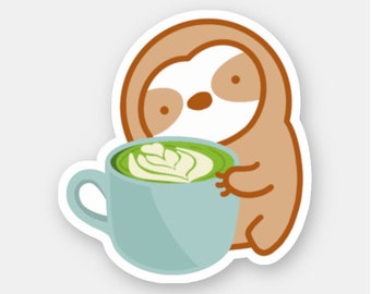 Cute Sloffee Matcha Latte Sloth Vinyl Sticker | Kawaii Sticker for Sloth Lovers | Coffee Lover | Latte Art | Cafe | Caffeine | Green Tea