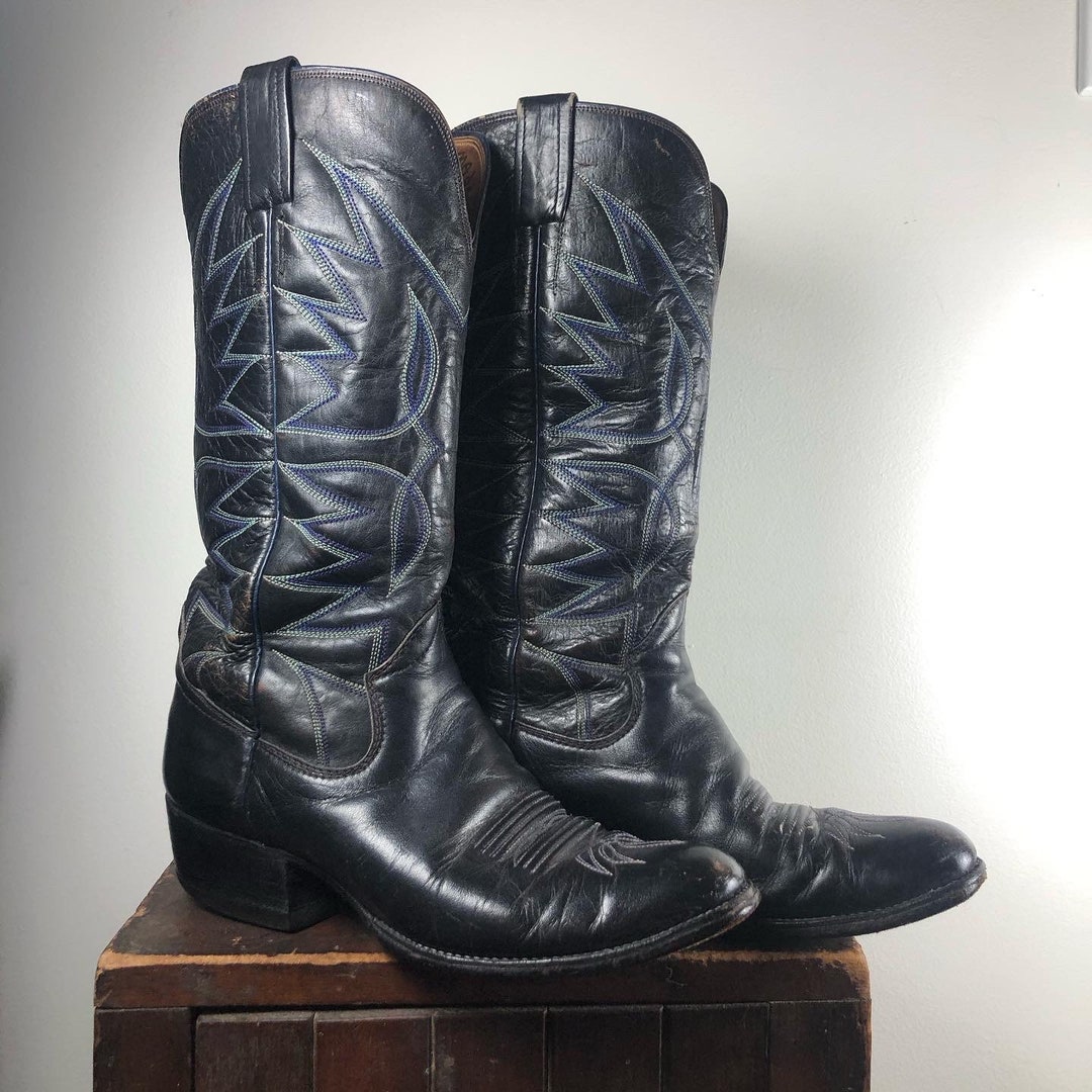 1978 Made in Mexico by Sanders Boot Makers Black Boots With White Purple and Light Blue
