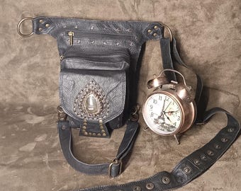Handmade Leather Belt Pouch Combo | Gemstone Detail, Steampunk Biker Style (Free Gift)