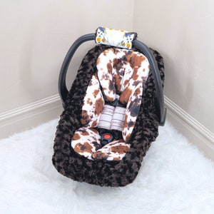 Wild West Baby Car Seat insert Cushions Set: Head and Body Rest - Car Seat Straps Cushions - Baby Car Seat Accessories - Brown Cow Print