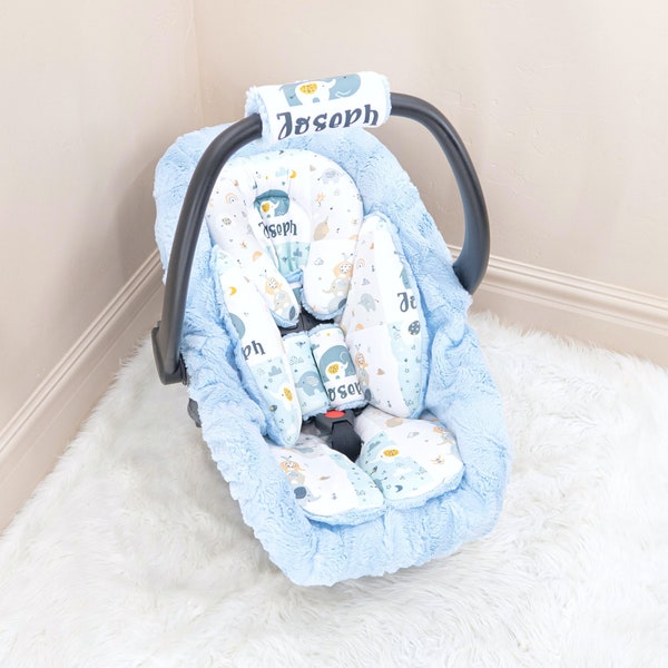 Baby Blue Elephants Baby Boy Car Seat Insert Cushion Accessories - Head and Body Rest - Straps Cushions - Personalized Printed Name