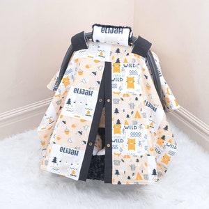 Stay Wild Woodland Baby Boy Car Seat Cover Canopy - Personalized Printed Name - Gift for Newborn Infant