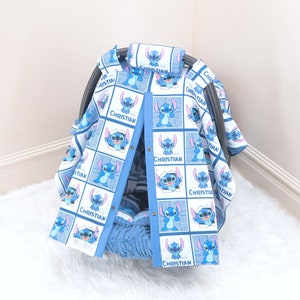 Lilo & Stitch Baby Boy Car Seat Cover Canopy - Personalized Printed Name - Gift for Newborn Infant - Solid Dark Blue