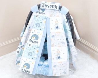 Baby Blue Elephants Baby Boy Car Seat Cover Canopy - Personalized Printed Name - Gift for Newborn Infant - Solid Baby Blue