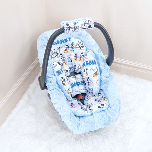Mickey Mouse & Friends Baby Boy Car Seat Insert Cushion Accessories - Head and Body Rest - Straps Cushions - Personalized Printed Name