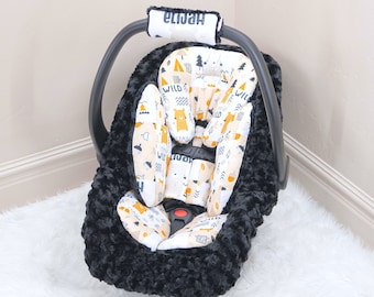 Stay Wild Woodland Baby Boy Car Seat Insert Cushion Accessories - Head and Body Rest - Straps Cushions - Personalized Printed Name