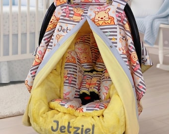 Personalized Winnie The Pooh Baby Car Seat 6pc Set - Embroidered Minky Liner & Blanker - Baby Boy Car Seat Accessories - Head Support Insert