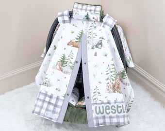 Cute Woodland Animals Baby Boy Car Seat Cover Canopy - Personalized Printed Name - Gift for Newborn Infant - Green & Gray Plaid