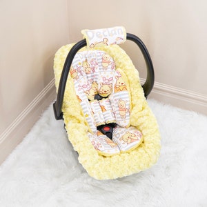 Winnie The Pooh Baby Boy Car Seat Insert Cushion Accessories - Head and Body Rest - Straps Cushions - Personalized Printed Name - Yellow