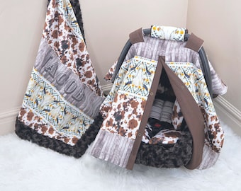 Wild West Baby Car Seat Cover Accessories Set: Personalized Baby Car Seat Canopy, Insert Cushions, & Blanket - FREE SHIPPING