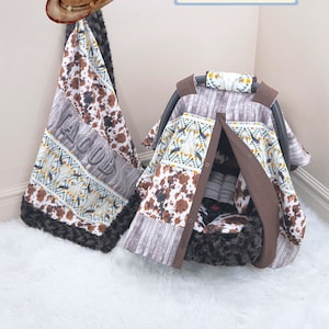 Brown Cow Wild West Baby Boy Car Seat Accessories Bundle Set - Personalized Printed Name - Baby Blanket - Infant Car Seat Insert Cushions