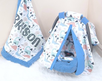 Blue Bell Dinos Baby Car Seat Cover Accessories Set: Personalized Baby Car Seat Canopy, Insert Cushions, & Blanket - FREE SHIPPING