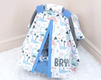 Blue Bell Dinos Baby Boy Car Seat Cover Canopy - Personalized Printed Name - Gift for Newborn Infant - Solid Dark Blue - Baby Shower Gift