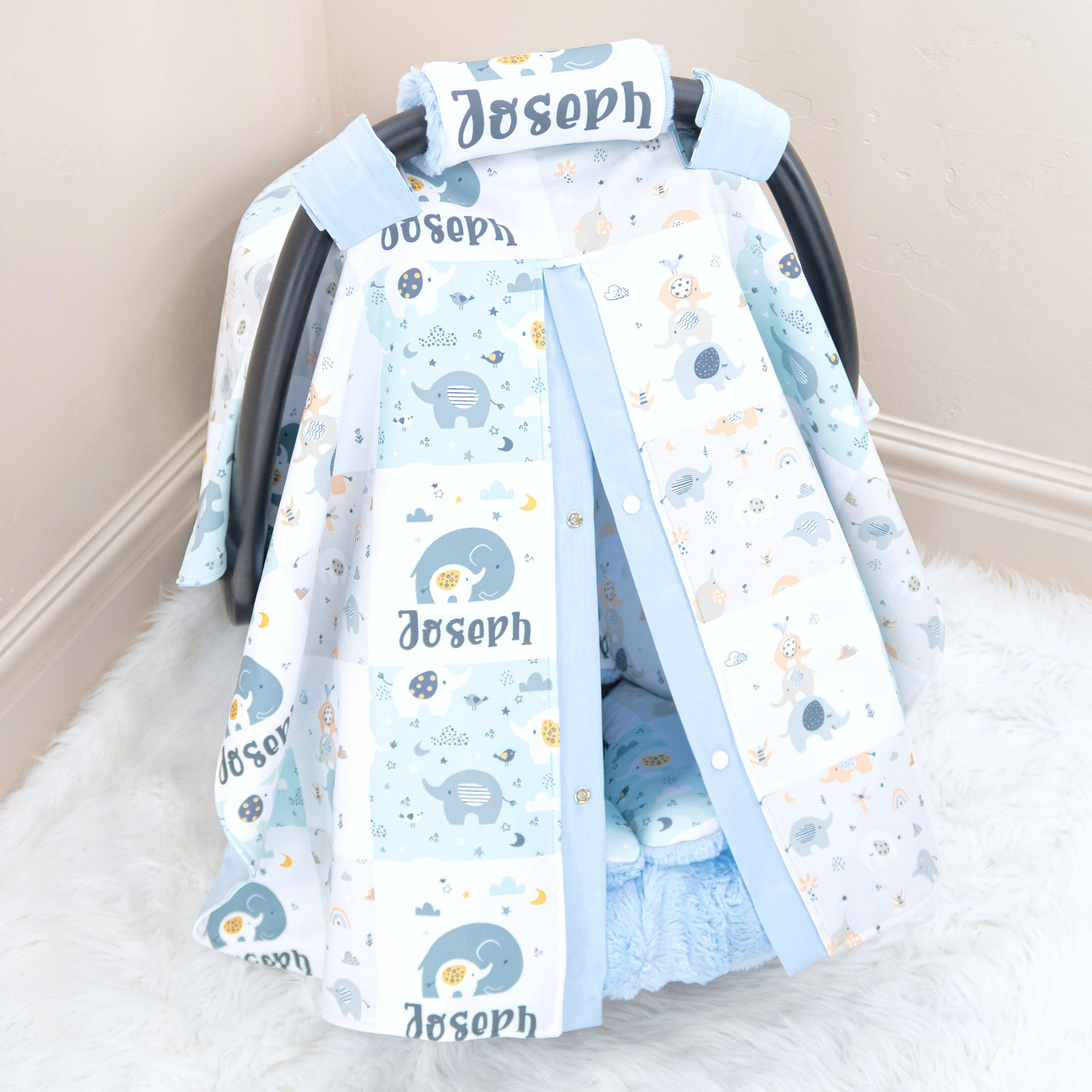 Baby Blue Elephants Baby Boy Car Seat Cover Canopy Etsy