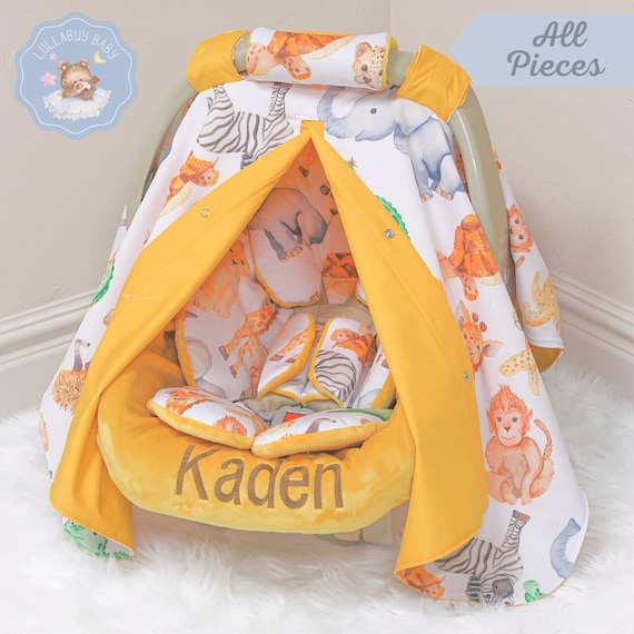 Yellow Jungle Animals Baby Boy Car Seat Accessories Personalized - Main Image