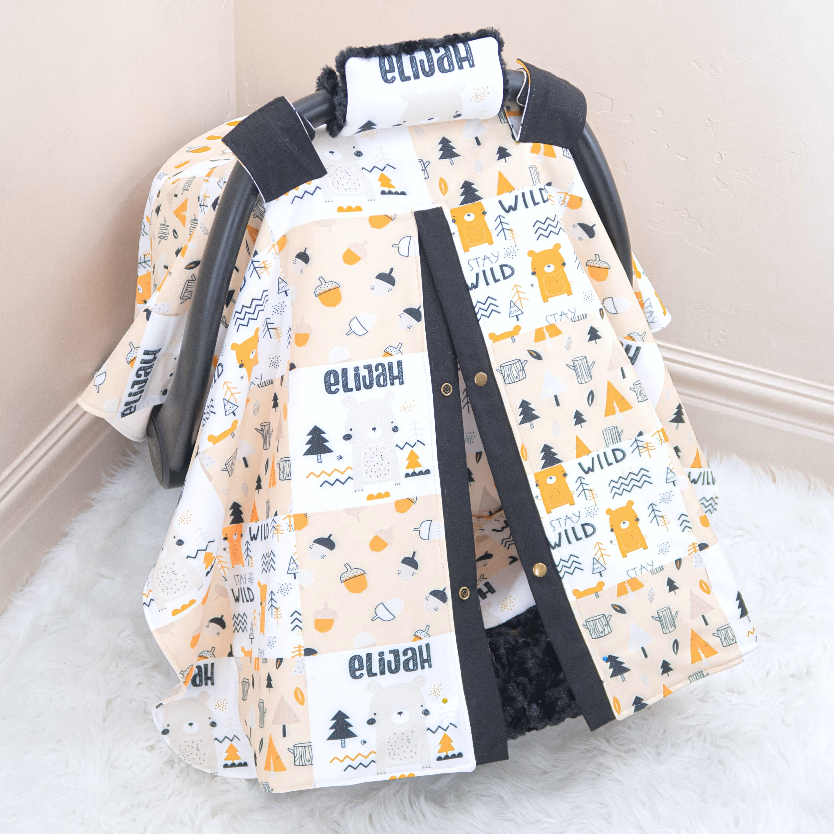 Stay Wild Woodland Baby Boy Car Seat Cover Canopy Personalized Printed